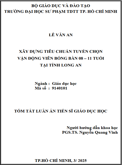 Luân Án Tiến Sĩ Giáo Dục Học – Xây Dựng Tiêu Chuẩn Tuyển Chọn Vận Động Viên Bóng Bàn 8 – 11 Tuổi Tại Tỉnh Long An