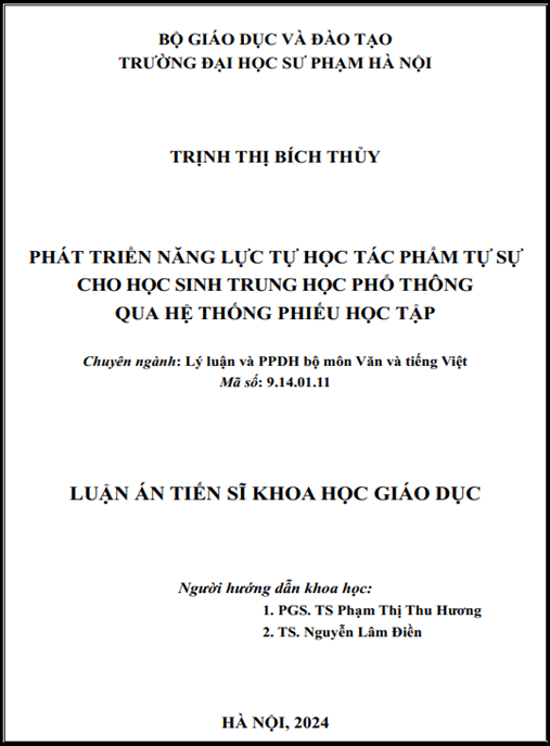 Luận án – Phát triển năng lực tự học tác phẩm tự sự cho học sinh Trung học phổ thông qua hệ thống phiếu học tập