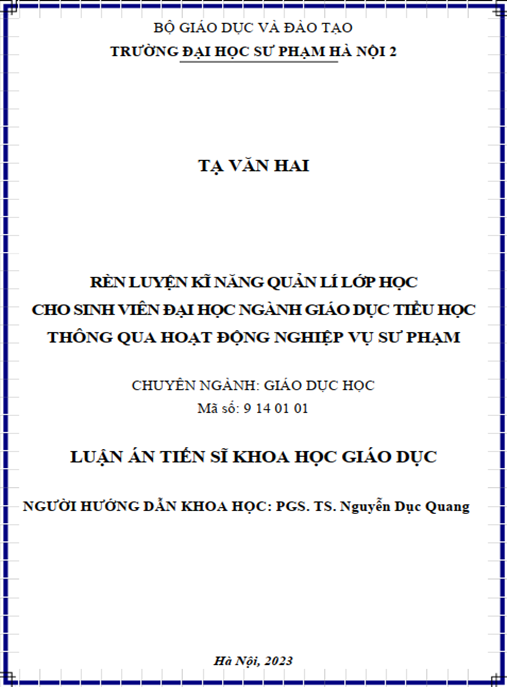 Luận án – Rèn luyện kỹ năng quản lý lớp học cho sinh viên đại học ngành giáo dục tiểu học thông qua hoạt động nghiệp vụ sư phạm
