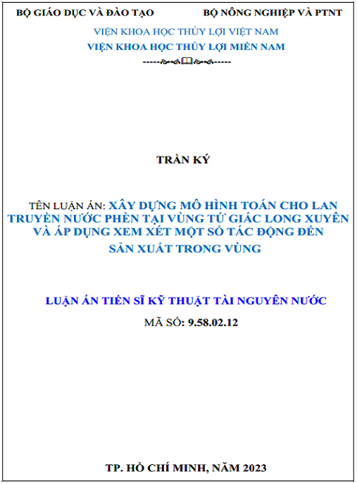 Luận án – Xây Dựng Mô Hình Toán Cho Lan Truyền Nước Phèn Tại Vùng Tứ Giác Long Xuyên Và Áp Dụng Xem Xét Một Số Tác Động Đến Sản Xuất Trong Vùng