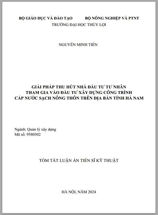 Luận án – Giải Pháp Thu Hút Nhà Đầu Tư Tư Nhân Tham Gia Vào Đầu Tư Xây Dựng Công Trình Cấp Nước Sạch Nông Thôn Trên Địa Bàn Tỉnh Hà Nam