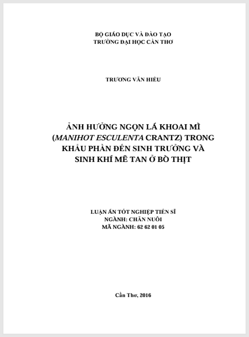Luận án Ảnh hưởng ngọn lá khoai mì (Manihot esculenta Crantz) trong khẩu phần đến sinh trưởng và sinh khí mê tan ở bò thịt.