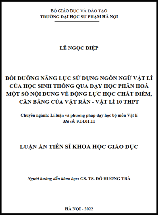 Luận án –  Bồi dưỡng năng lực sử dụng ngôn ngữ vật lí của học sinh thông qua dạy học phân hoá một số nội dung về Động lực học chất điểm – Cân bằng của vật rắn – vật lí 10 THPT