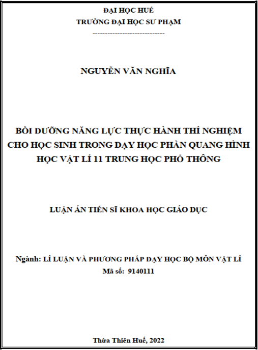 Luận án –  Bồi dưỡng năng lực thực hành thí nghiệm cho học sinh trong dạy học phần Quang hình học vật lí 11 Trung học phổ thông