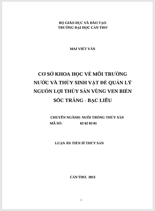 Luận án Cơ sở khoa học về môi trường nước và thủy sinh vật để quản lý nguồn lợi thủy sản vùng ven biển Sóc Trăng- Bạc Liêu