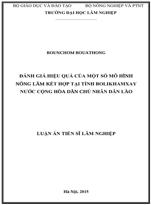 Luận án  Đánh giá hiệu quả của một số mô hình nông lâm kết hợp tại tỉnh Bolikhamxay nước Cộng hòa Dân chủ Nhân dân Lào.