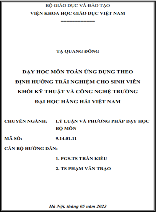 Luận án – Dạy học môn Toán ứng dụng theo định hướng trải nghiệm cho sinh viên khối Kỹ thuật và Công nghệ trường Đại học Hàng hải Việt Nam