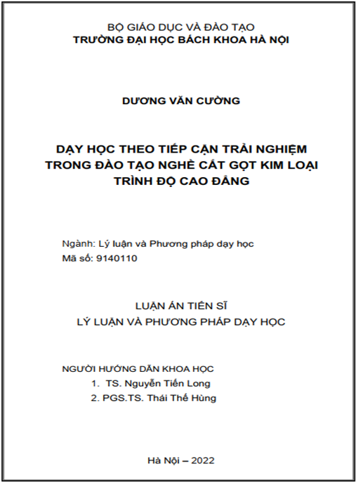 Luận án –  Dạy học theo tiếp cận trải nghiệm trong đào tạo nghề Cắt gọt kim loại trình độ cao đẳng