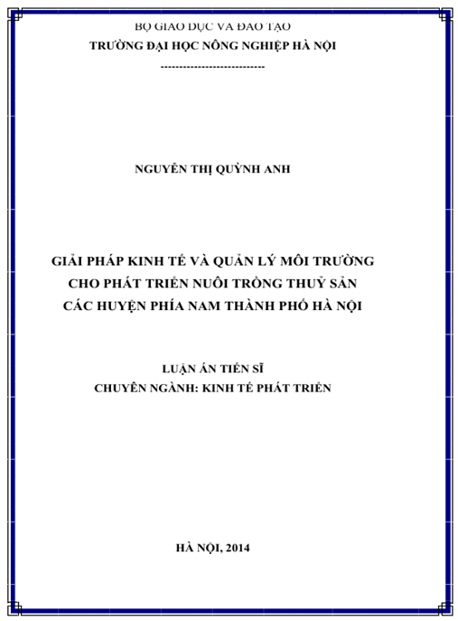 Luận án Giải pháp kinh tế và quản lý môi trường cho phát triển nuôi trồng thuỷ sản các huyện phía nam thành phố Hà Nội