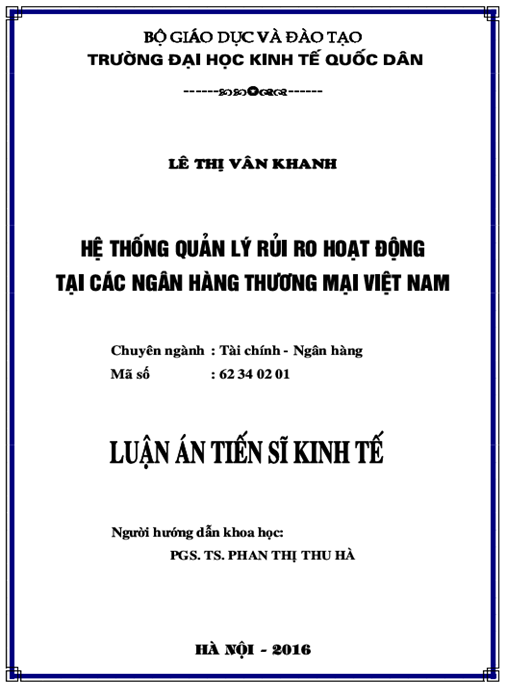 Luận án Hệ thống Quản lý rủi ro hoạt động tại các Ngân hàng thương mại Việt Nam
