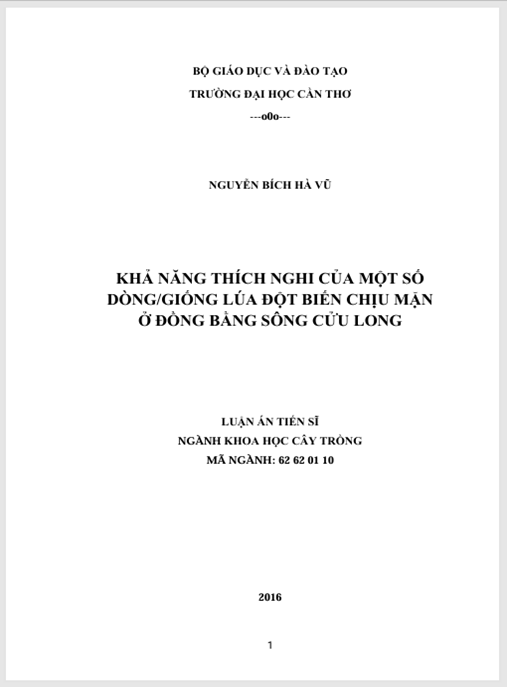 Luận án Khả năng thích nghi của một số dòng/giống lúa đột biến chịu mặn với môi trường ngập mặn ở Đồng Bằng Sông Cửu Long