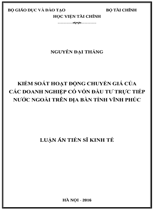 Luận án Kiểm soát hoạt động chuyển giá của các doanh nghiệp có vốn đầu tư trực tiếp nước ngoài trên địa bàn tỉnh Vĩnh Phúc