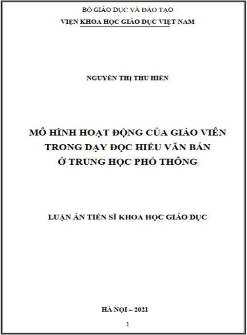 Luận án –  Mô hình hoạt động của giáo viên trong dạy đọc hiểu văn bản ở Trung học phổ thông