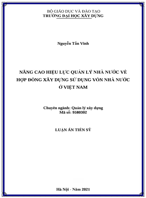 Luận án – Nâng cao hiệu lực quản lý nhà nước về hợp đồng xây dựng sử dụng vốn nhà nước ở Việt Nam