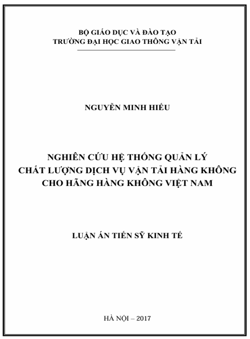 Luận án Nghiên cứu Hệ thống quản lý chất lượng dịch vụ vận tải hàng không cho hãng hàng không Việt Nam