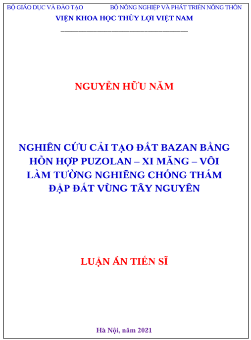 Luận án – Nghiên cứu cải tạo đất bazan bằng hỗn hợp puzolan–xi măng–vôi làm tường nghiêng chống thấm cho đập đất vùng Tây Nguyên