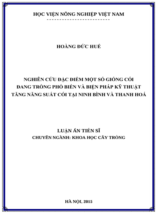 Luận án Nghiên cứu đặc điểm một số giống cói đang trồng phổ biến và biện pháp kỹ thuật tăng năng suất cói tại Ninh Bình và Thanh Hóa