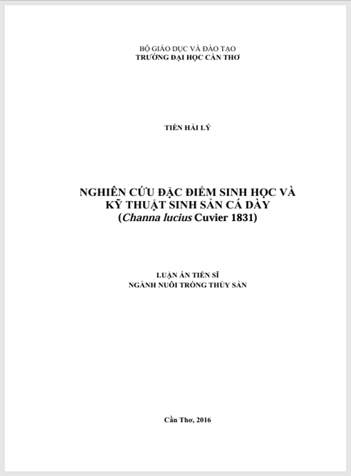 Luận án Nghiên cứu đặc điểm sinh học và kỹ thuật sinh sản cá dày (Channa lucius Cuvier, 1831)