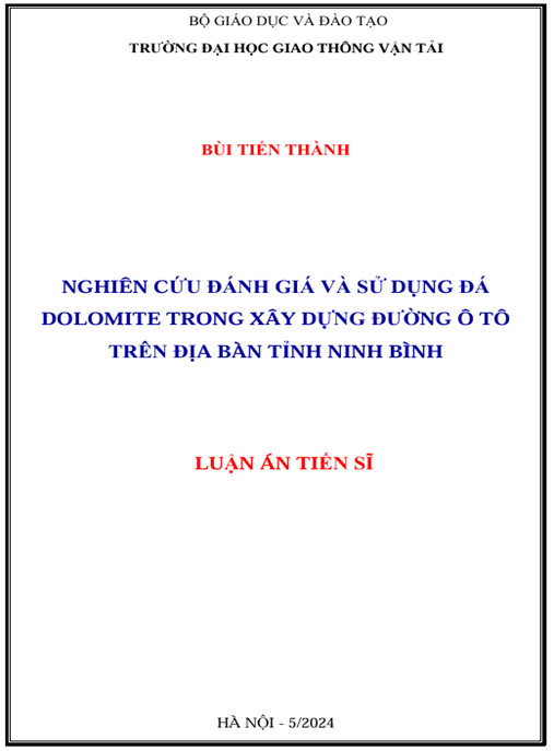 Luận án – Nghiên cứu đánh giá và sử dụng đá Dolomite trong xây dựng đường ô tô trên địa bàn tỉnh Ninh Bình