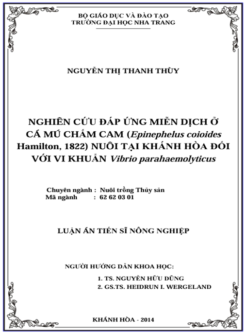 Luận án Nghiên cứu đáp ứng miễn dịch ở cá mú chấm cam (Epinephelus coioides Hamilton, 1822) nuôi thương phẩm tại Khánh Hòa đối với vi khuẩn Vibrio parahaemolyticus