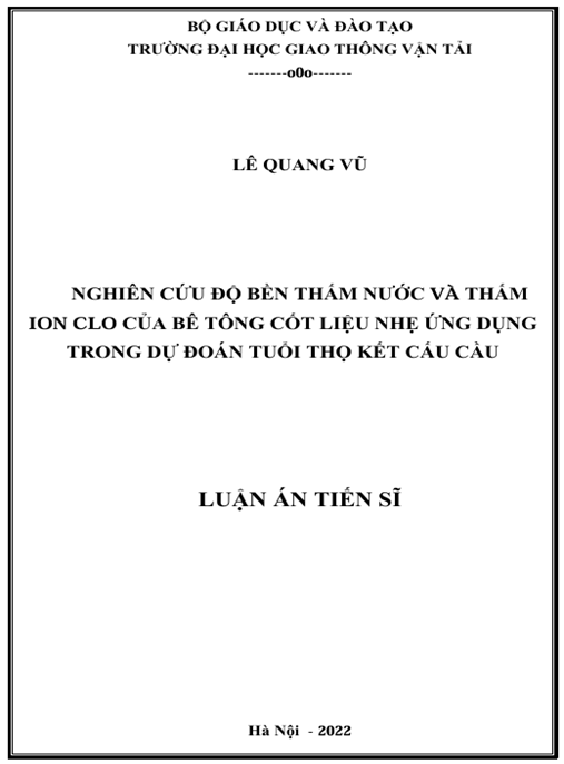 Luận án – Nghiên cứu độ bền thấm nước và thấm ion clo clorua của bê tông cốt liệu nhẹ ứng dụng trong dự đoán tuổi thọ kết cấu cầu