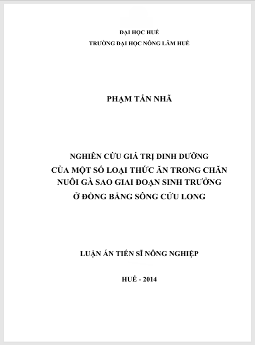 Luận án Nghiên cứu giá trị dinh dưỡng của một số loại thức ăn trong chăn nuôi gà Sao giai đoạn sinh trưởng ở Đồng bằng Sông Cửu Long