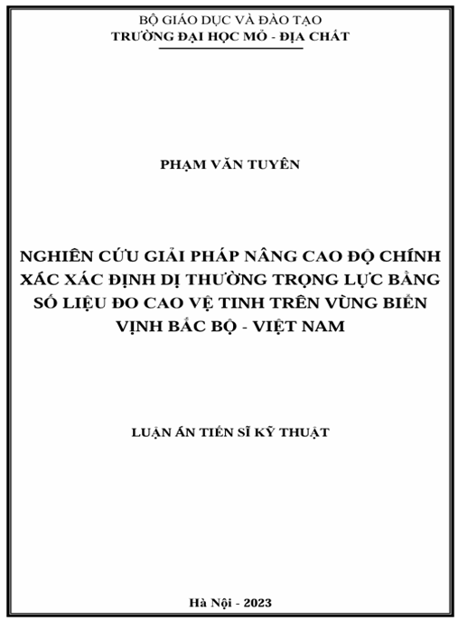 Luận án – Nghiên cứu giải pháp nâng cao độ chính xác xác định dị thường trọng lực bằng số liệu đo cao vệ tinh trên vùng biển Vịnh Bắc Bộ – Việt Nam