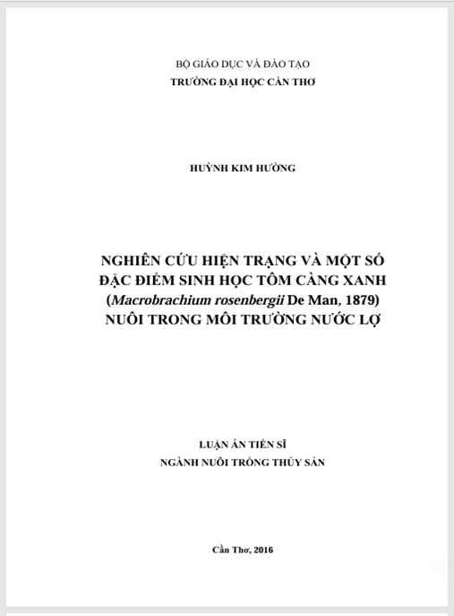 Luận án Nghiên cứu hiện trạng và một số đặc điểm sinh học tôm càng xanh (Macrobrachium rosenbergii De Man, 1879) nuôi trong môi trường nước lợ