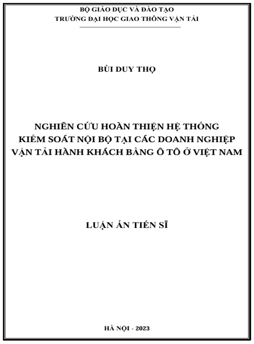 Luận án – Nghiên cứu hoàn thiện hệ thống kiểm soát nội bộ tại các doanh nghiệp vận tải hành khách bằng ô tô ở Việt Nam