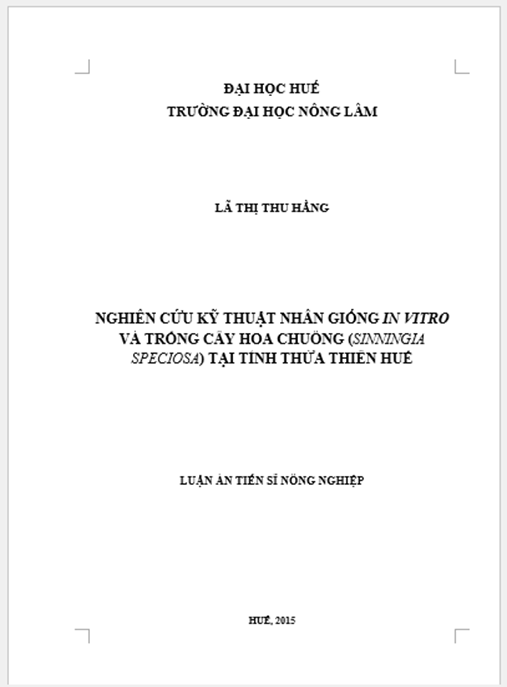 Luận án Nghiên cứu kỹ thuật nhân giống in vitro cây hoa chuông (sinningia speciosa) tại tỉnh Thừa Thiên Huế