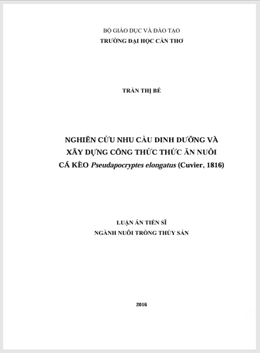 Luận án Nghiên cứu nhu cầu dinh dưỡng và xây dựng công thức thức ăn nuôi cá kèo Pseudapocryptes elongatus (Cuvier, 1816)