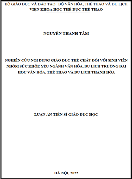 Luận án –  Nghiên cứu nội dung giáo dục thể chất đối với sinh viên nhóm sức khỏe yếu ngành văn hóa – du lịch trường Đại học Văn hóa, Thể thao và Du lịch Thanh Hóa