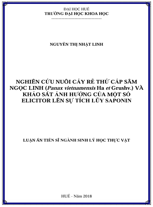 Luận án Nghiên cứu nuôi cấy rễ thứ cấp sâm Ngọc Linh (Panax vietnamensis Ha et Grushv.) và khảo sát ảnh hưởng của một số elicitor lên sự tích lũy saponin