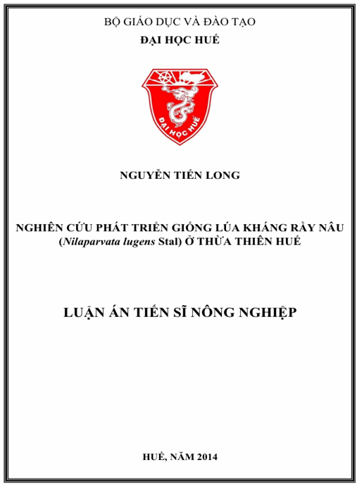 Luận án Nghiên cứu phát triển giống lúa kháng rầy nâu (Nilarpavata lugens Stal) ở Thừa Thiên Huế