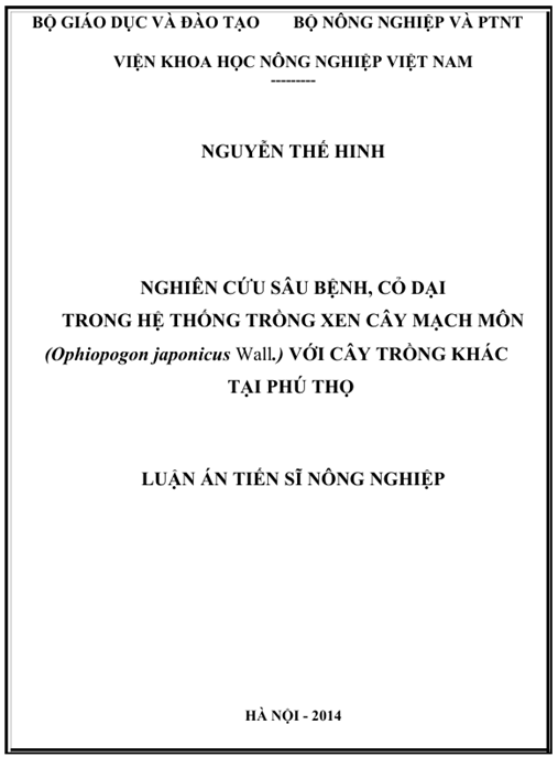 Luận án Nghiên cứu sâu bệnh, cỏ dại trong hệ thống trồng xen cây mạch môn (Ophiopogon japonicus Wall.) với cây trồng khác tại tỉnh Phú Thọ