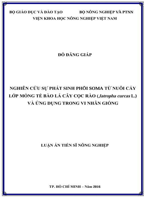 Luận án Nghiên cứu sự phát sinh phôi soma từ nuôi cấy lớp mỏng tế bào lá cây cọc rào (Jatropha curcas L.) và ứng dụng trong vi nhân giống
