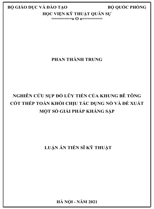 Luận án – Nghiên cứu sụp đổ lũy tiến của khung bê tông cốt thép toàn khối chịu tác dụng nổ và đề xuất một số giải pháp kháng sập