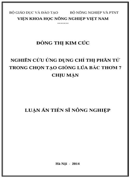 Luận án Nghiên cứu ứng dụng chỉ thị phân tử trong chọn tạo giống lúa Bắc Thơm 7 chịu mặn