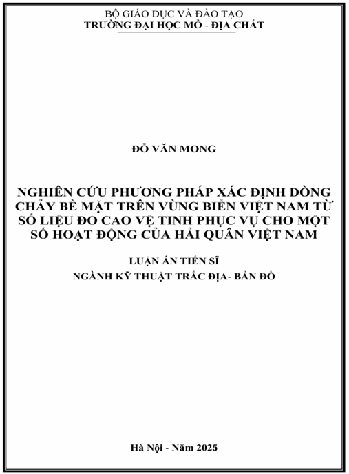 Luận án – Nghiên cứu xác định dòng chảy bề mặt trên vùng biển Việt Nam từ số liệu đo các vệ tinh phục vụ cho một số hoạt động của Hải quân Việt Nam