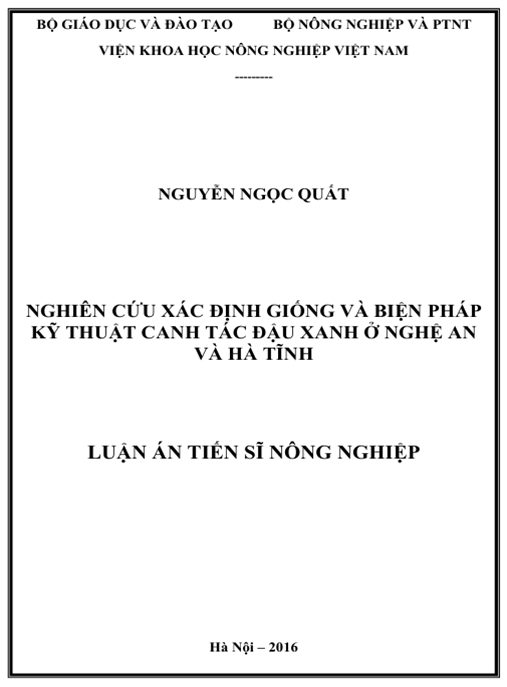 Luận án Nghiên cứu xác định giống và biện pháp kỹ thuật canh tác đậu xanh ở Nghệ An và Hà Tĩnh