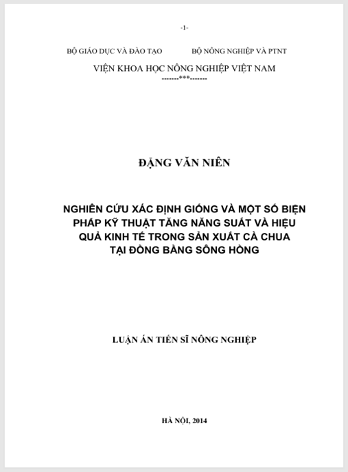 Luận án Nghiên cứu xác định giống và một số biện pháp kỹ thuật tăng năng suất và hiệu quả kinh tế trong sản xuất cà chua tại Đồng bằng sông Hồng