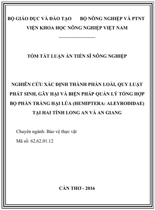Luận án Nghiên cứu xác định thành phần loài, quy luật phát sinh, gây hại và biện pháp quản lý tổng hợp bọ phấn trắng hại lúa (Hemiptera: Aleyrodidae) tại hai tỉnh Long An và An Giang