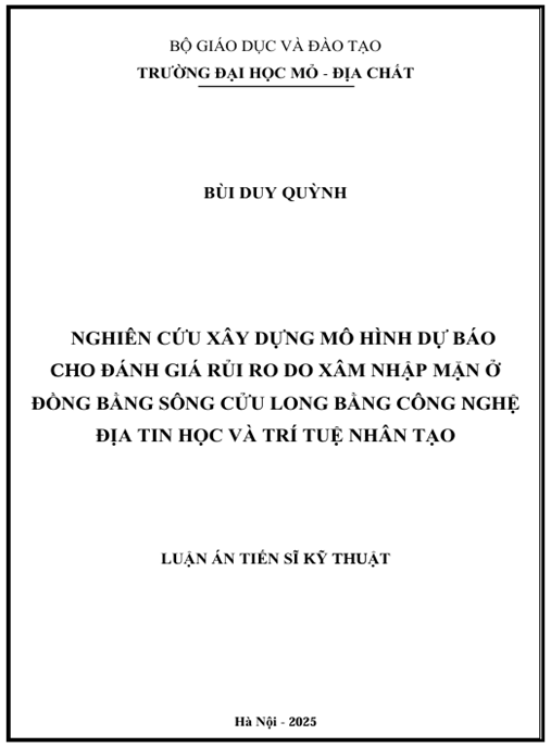 Luận án – Nghiên cứu xây dựng mô hình dự báo cho đánh giá rủi ro do xâm nhập mặn ở đồng bằng sông Cửu Long bằng công nghệ địa tin học và trí tuệ nhân tạo