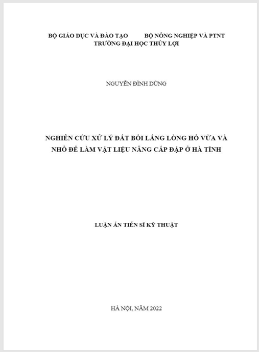 Luận án – Nghiên cứu xử lý đất bồi lắng lòng hồ vừa và nhỏ để làm vật liệu nâng cấp đập ở Hà Tĩnh.