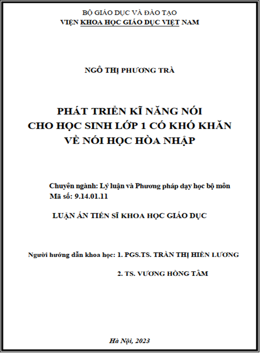 Luận án – Phát triển kĩ năng nói cho học sinh lớp 1 có khó khăn về nói học hoà nhập