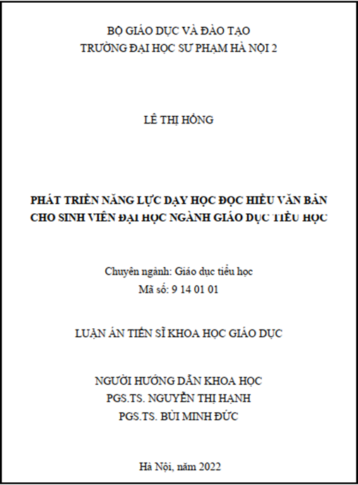 Luận án –  Phát triển năng lực dạy học đọc hiểu văn bản cho sinh viên Đại học ngành Giáo dục Tiểu học