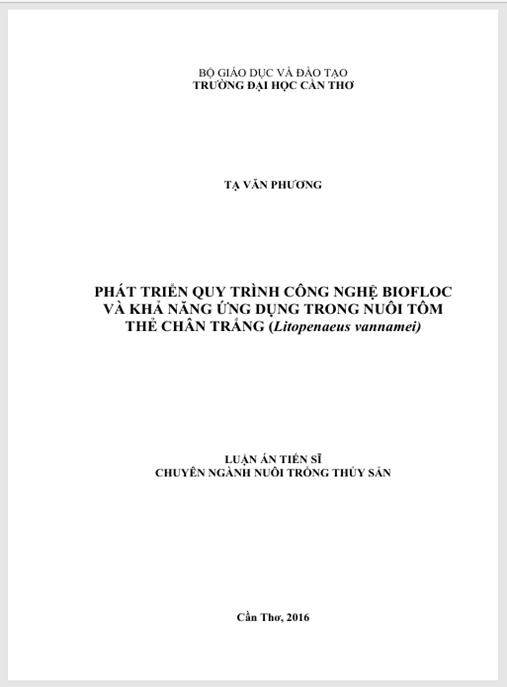 Luận án Phát triển quy trình công nghệ biofloc và khả năng ứng dụng trong nuôi tôm thẻ chân trắng (Litopenaeus vannamei).