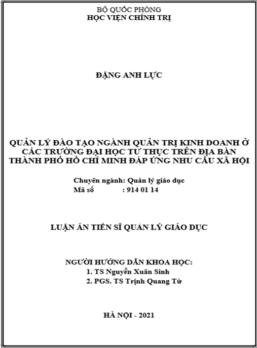 Luận án –  Quản lý đào tạo ngành Quản trị Kinh doanh ở các trường đại học tư thục trên địa bàn thành phố Hồ Chí Minh đáp ứng nhu cầu xã hội