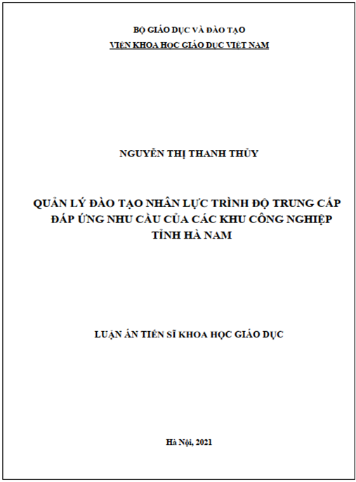 Luận án –  Quản lý đào tạo nhân lực trình độ trung cấp đáp ứng nhu cầu của các khu công nghiệp tỉnh Hà Nam
