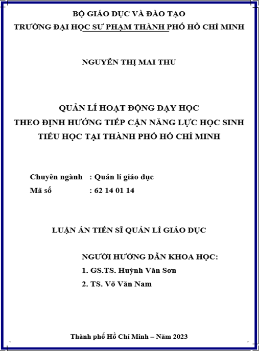 Luận án – Quản lý hoạt động dạy học theo định hướng tiếp cận năng lực học sinh tiểu học tại Thành phố Hồ Chí Minh